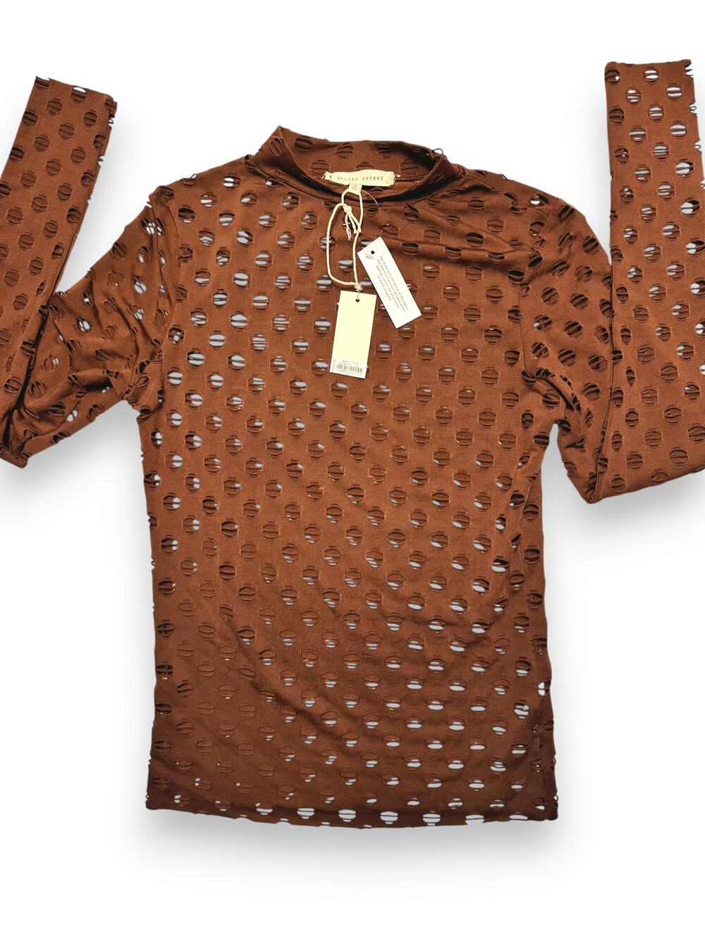 NWT Glided Intent Brown Distressed Long Sleeve Top w/ Cutouts Size Small